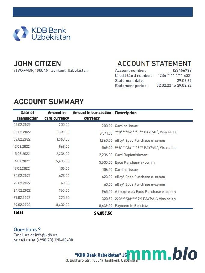 Szablon wyciągu bankowego Uzbekistan KDB w formacie Word i PDF